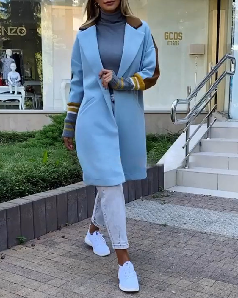Color Block Long Trench Coat Single Breasted Detachable Fuzzy Leopard Pattern Lapel Overcoat