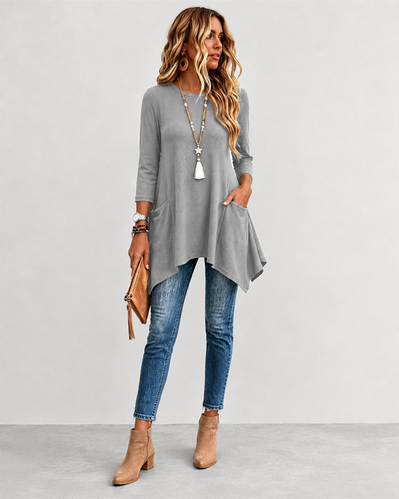 Women's Ribbed Asymmetrical Hem Top Crewneck Three Quarters Sleeve A-Line Casual Top