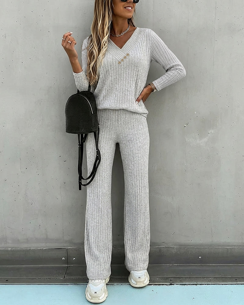 2 Pieces Outfit Button Decor V-Neck Long Sleeve Top and Elastic Waist Straight Leg Pants Set Casual Ribbed Set