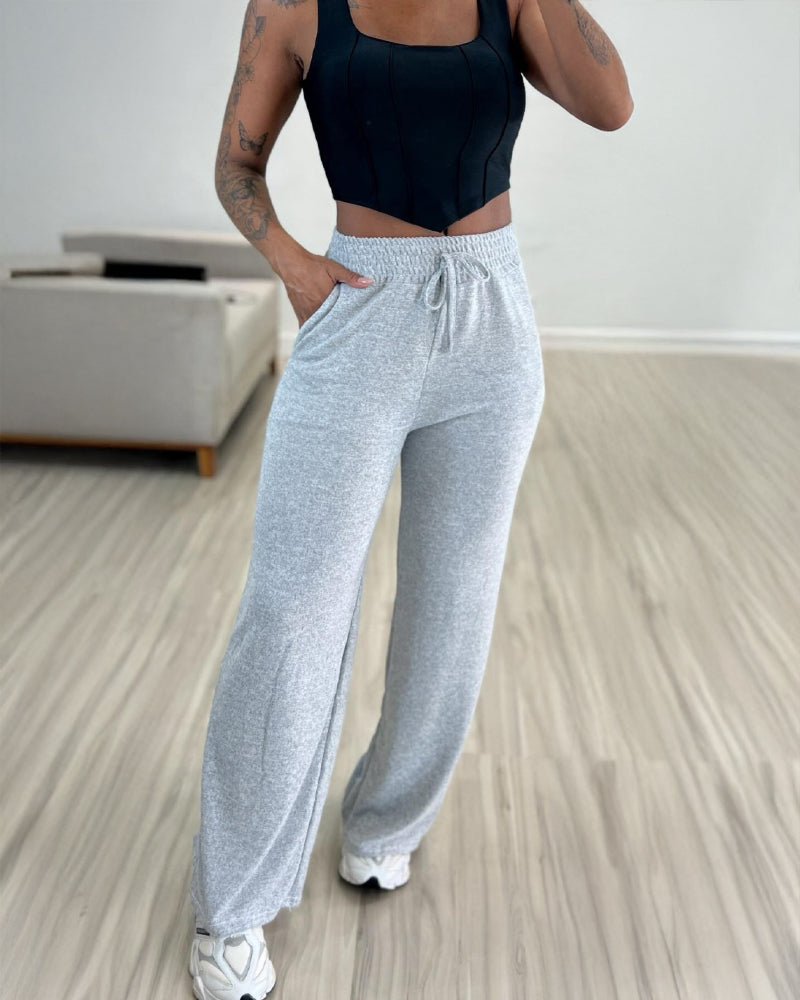 High Waist Drawstring Elastic Waist Wide Leg Casual Pants