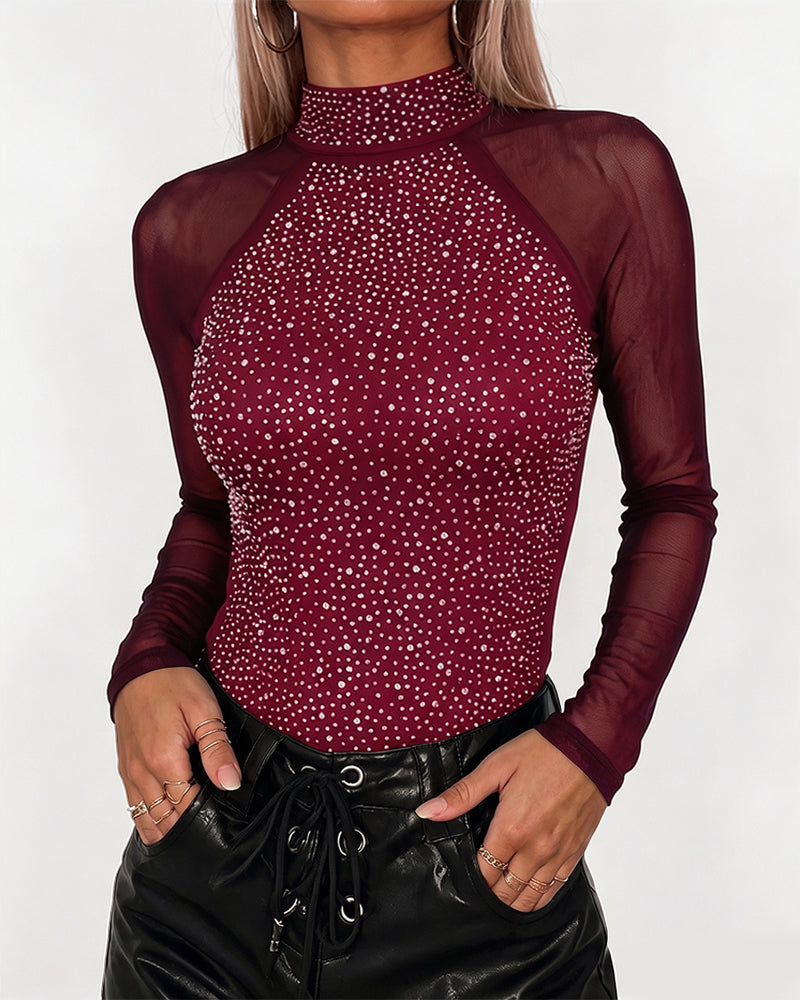 Women's Rhinestone Mesh Long Sleeve Top Mock Neck Sparkle Slim Fit Tee
