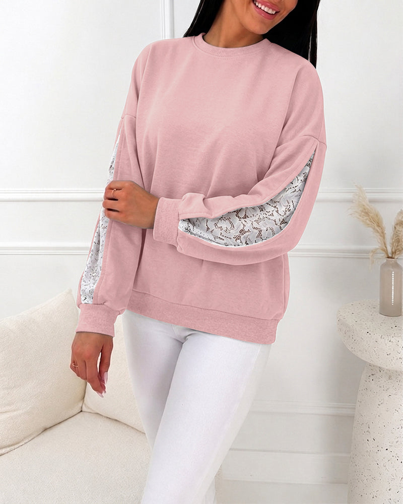 Women's Lace Patchwork Sweatshirt Crewneck Long Sleeve Pullover Slit Sleeve Casual Loose Fit Top