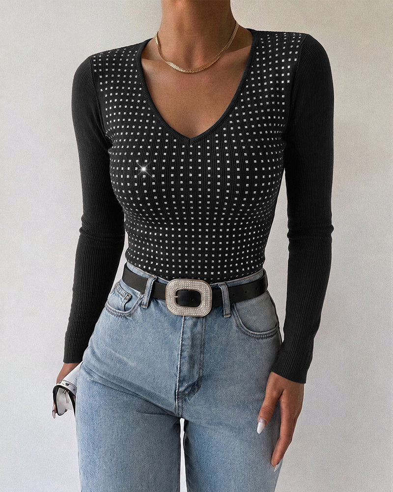 Women's V Neck Rhinestone Top Long Sleeve Ribbed Knit Tee Slim Fit Pullover Casual Base Layering Top