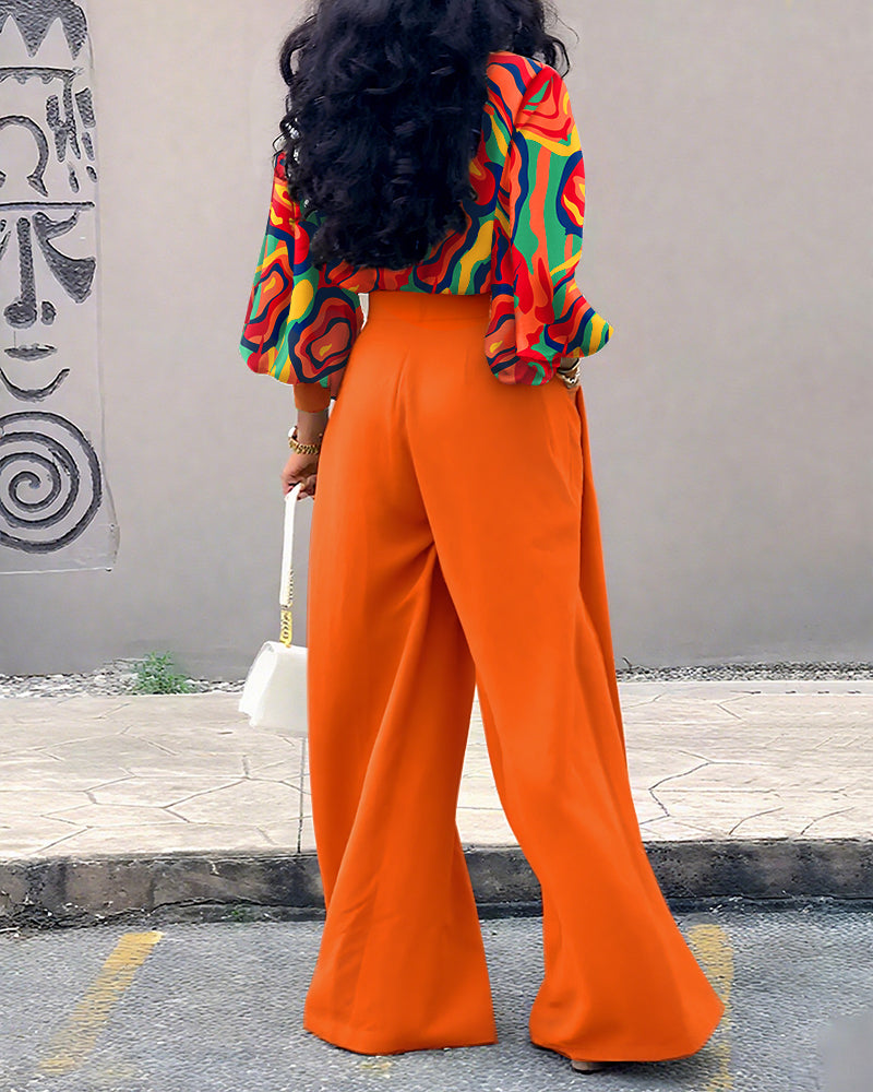 2 Pieces Outfit Multi-color All Over Print Cowl Neck Lantern Sleeve Stretchy Hem Loose Crop Top and Casual Elastic Back Waist Wide Leg Pants Set