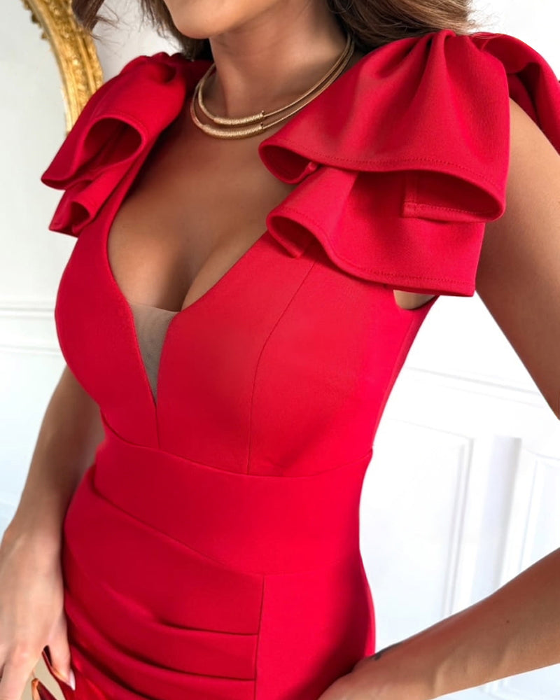 Bowknot Decor Deep V-Neck Sleeveless Slit Party Dress Ruched Zipper Back Slim Fit Midi Dress