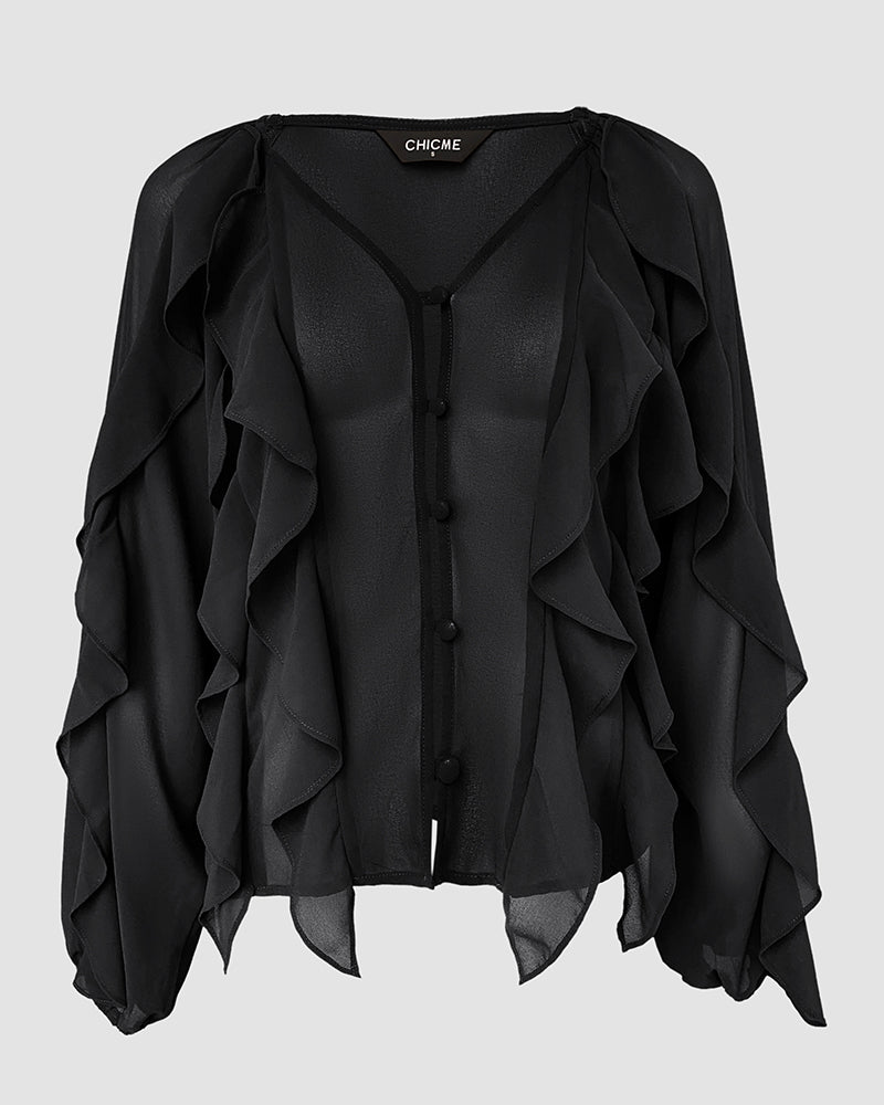 V Neck Shoulder Ruffles Design Blouse Casual Button Front Long Sleeve Top