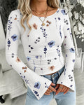 Women's Floral Print Boat Neck Flare Sleeve Ruched Top Slim Fit Ribbed Tee