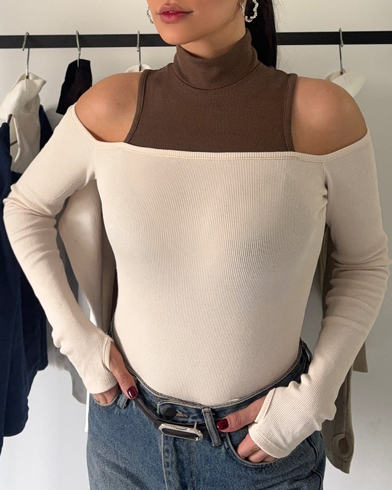 Women's Mock Neck Cold Shoulder Faux Two-Piece Top Colorblock Slim Fit Knit Top