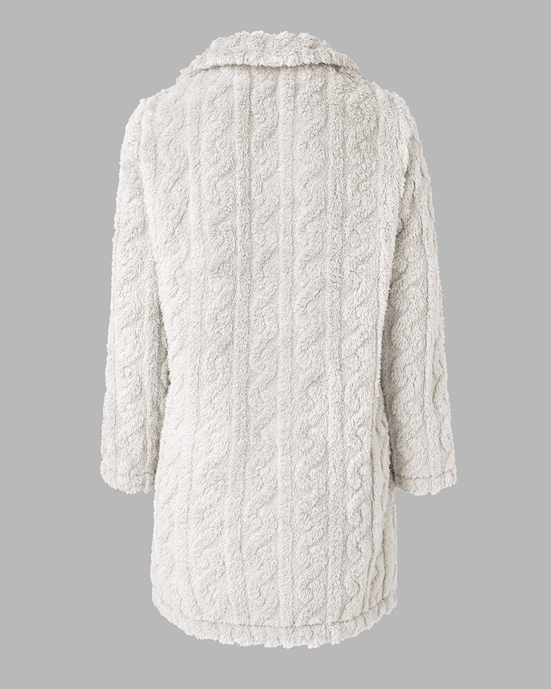 Cable Textured Lapel Neck Button Front Pocket Design Thermal Teddy Coat