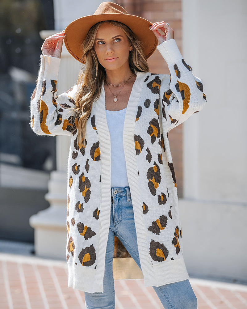 Women's Leopard Pattern Open Front Mid-length Knit Cardigan Sweater Coat