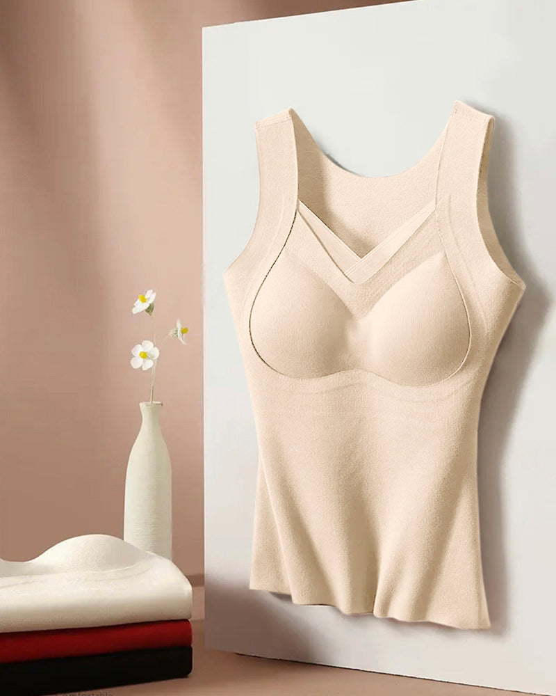 Sheer Mesh Spliced V Neck Sleeveless Built In Bra Tank Casual Warm Fleece Lined Slim Fit Top