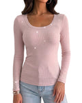 Women's Rhinestone Embellished Ribbed Long Sleeve Layering Top Slim Fit U-Neck Knit Tee Elegant Stretchy Pullover