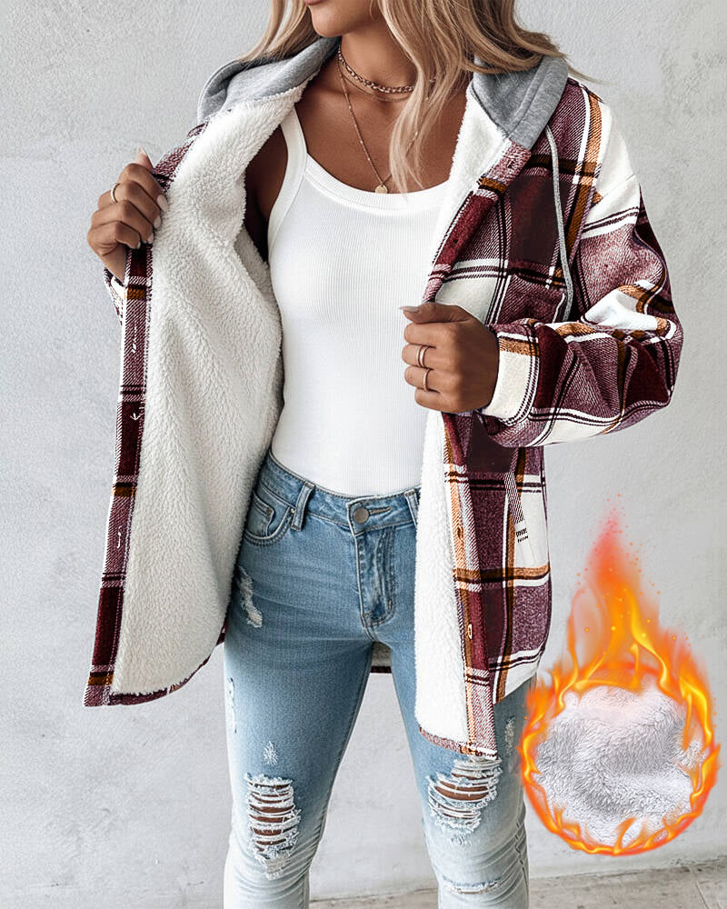 Karierte Langarm-Hemdjacke mit Knopfleiste, fleecegefütterte Kapuzenjacke, warmer Mantel