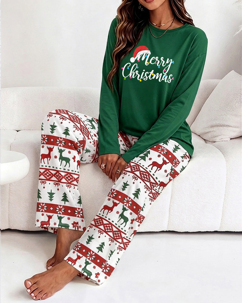 Women's Two Piece Pajamas Set Slogan Print Top and Christmas Print Pants Casual Lounge Set