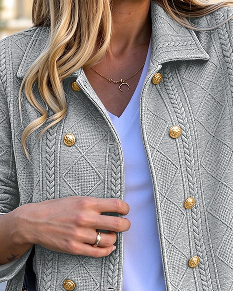 Women's Vintage Textured Argyle Lapel Double-Breasted Crop Jacket