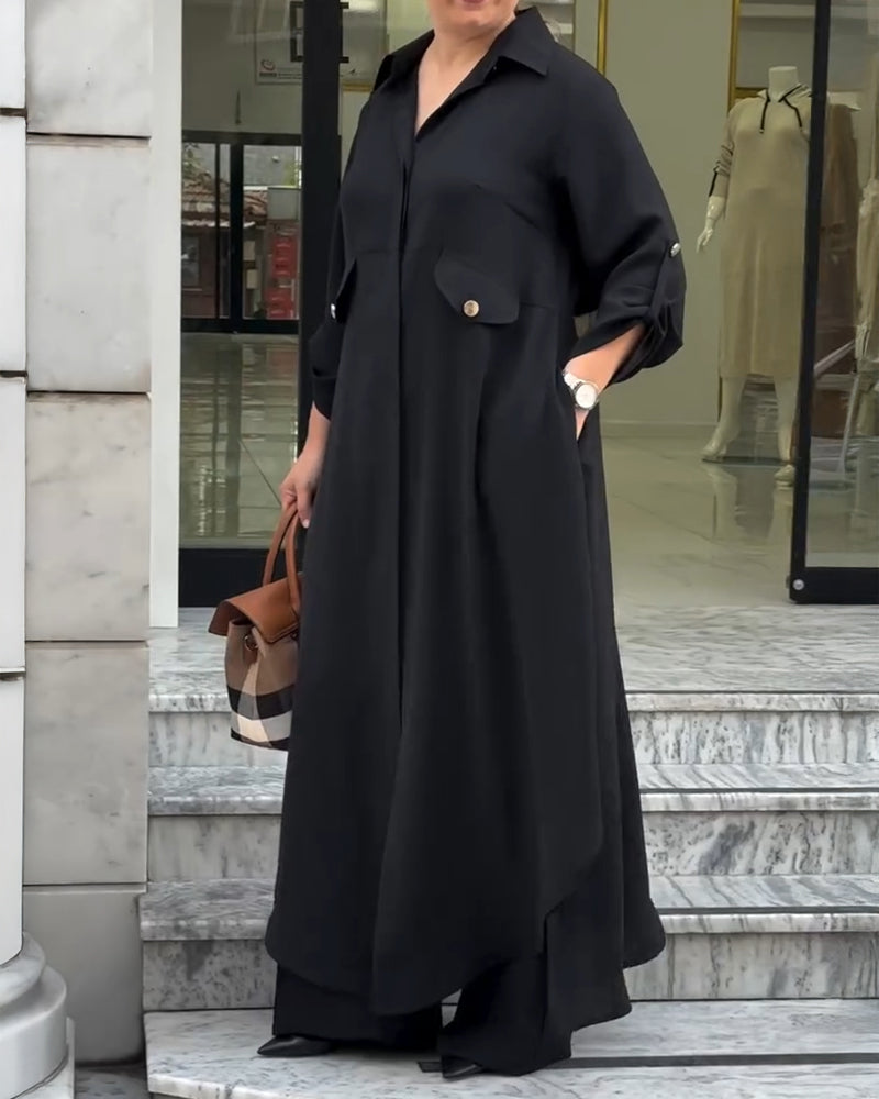 2 Pieces Outfit Turn-down Collar Turn-Up Sleeves Button Front Asymmetrical Hem Longline Blouse and Casual Elastic Waist Wide Leg Pants Set
