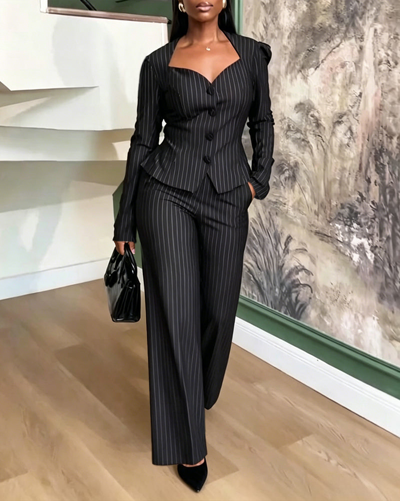 Damen-Zweiteiler mit Streifen, eleganter Peplum-Blazer mit herzförmigem Ausschnitt und High-Waisted-Hose mit weitem Bein, Business-Outfit