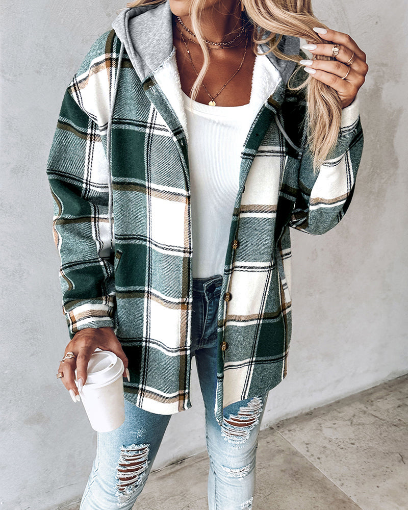 Karierte Langarm-Hemdjacke mit Knopfleiste, fleecegefütterte Kapuzenjacke, warmer Mantel