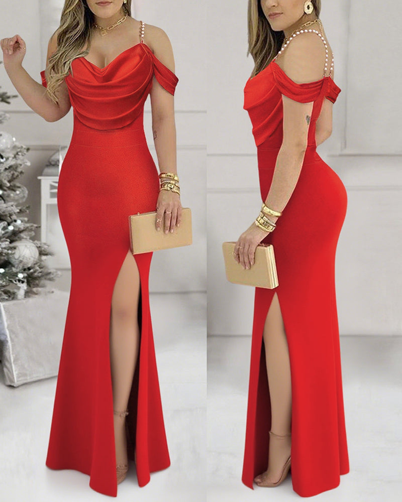 Cowl Neck Cold Shoulder Pearls Straps Evening Bodycon Dress Elegant High Slit Mermaid Hem Maxi Dress