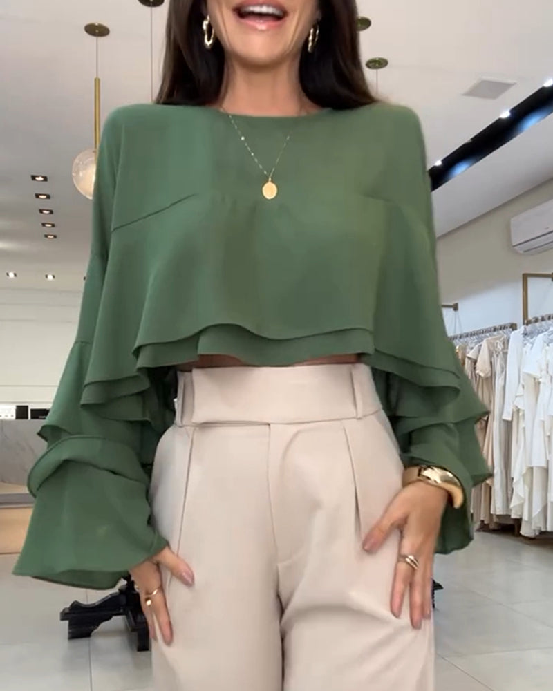 Round Neck Bell Sleeve Crop Top Casual Loose Fit Layered Blouse