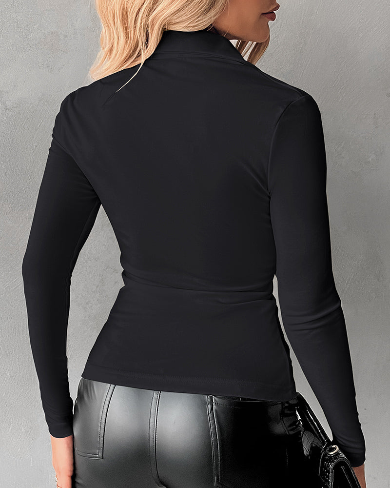 Long Sleeve Button Down Shirt Collar Neck Ruched Fitted Top