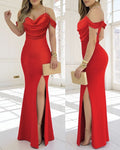 Cowl Neck Cold Shoulder Pearls Straps Evening Bodycon Dress Elegant High Slit Mermaid Hem Maxi Dress