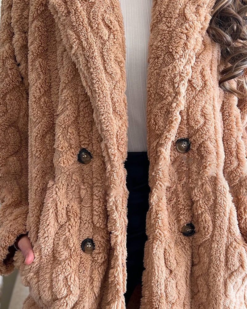 Cable Textured Lapel Neck Button Front Pocket Design Thermal Teddy Coat