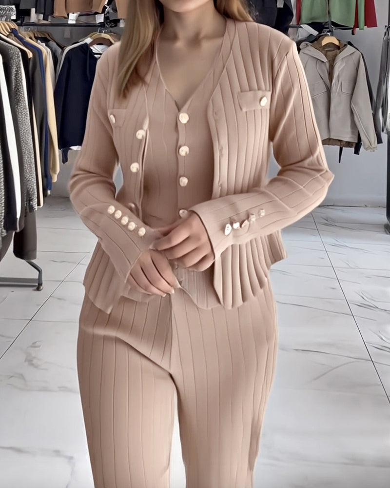 3 Pcs Outfits V Neck Long Sleeve Knit Coat with Metal Button Detail Tank Top Casual Long Pants Knit Sets