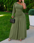 Women's One Shoulder Long Sleeve Ruched Maxi Dress with Thumb Hole