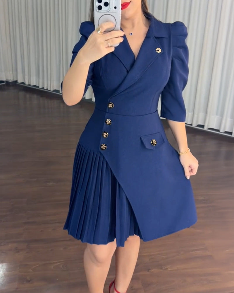 Women's Notch Lapel Blazer Dress Puff Sleeve Side Button Asymmetrical Pleated Hem A Line Work Dress