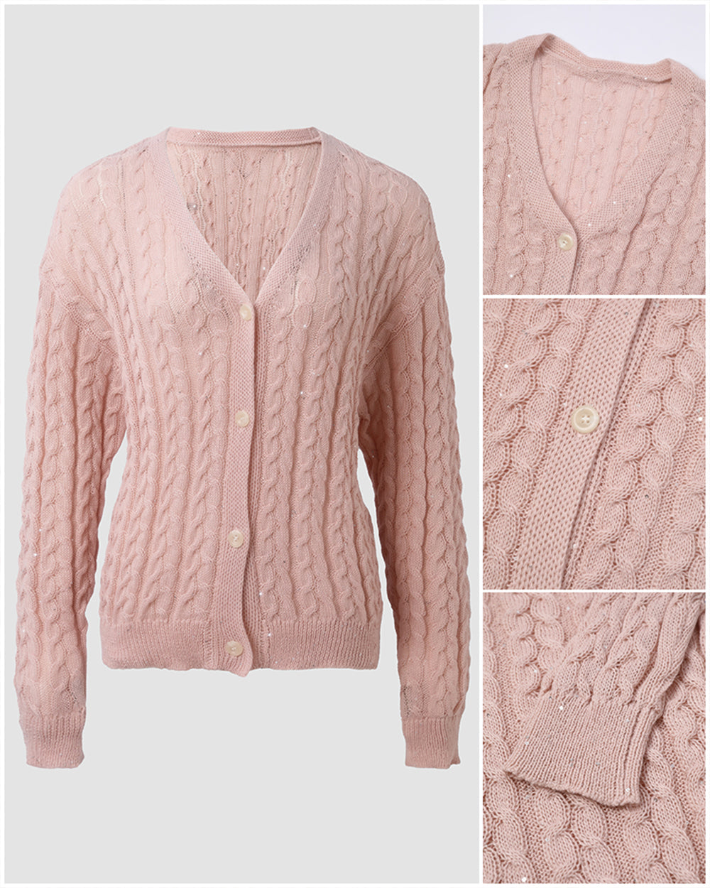 Women's Sequin Cable Knit Cardigan V Neck Button Down Slim Fit Long Sleeve Sweater
