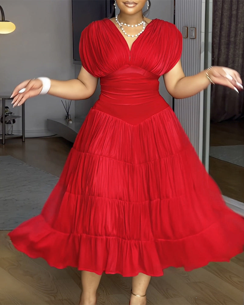 Women's Deep V-Neck Backless High Waist Ruched Ruffle Midi Dress