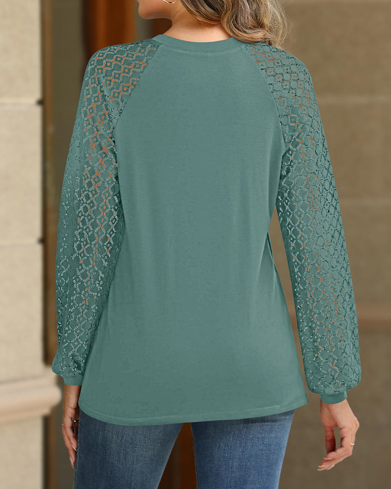 Contrast Lace Round Neck Lantern Sleeve Ruched Blouse Elegant Shirt