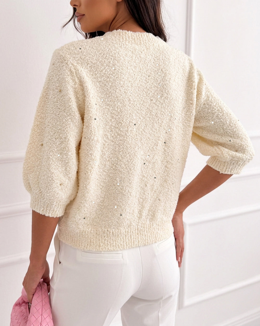 Women's Boucle Knit Cardigan Gold Beaded Puff Sleeve Sweater Crewneck Button Up Elegant Crop Outerwear