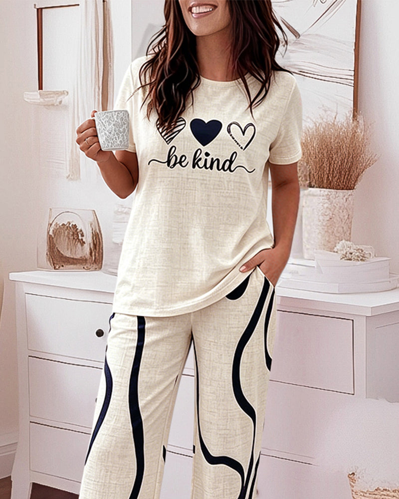 Damen 2-teiliger Schlafanzug mit Herz- & Buchstaben-Oberteil und Hose mit abstraktem Druck und hoher Taille, lässige Loungewear mit Taschen