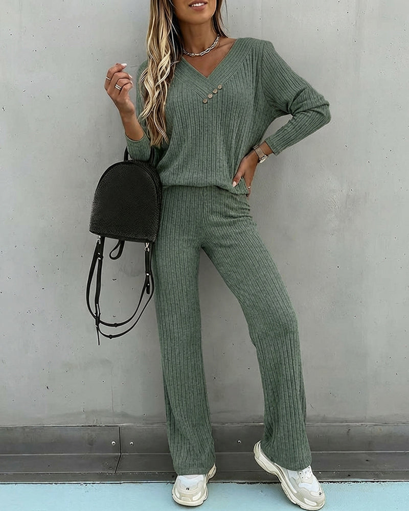 2 Pieces Outfit Button Decor V-Neck Long Sleeve Top and Elastic Waist Straight Leg Pants Set Casual Ribbed Set