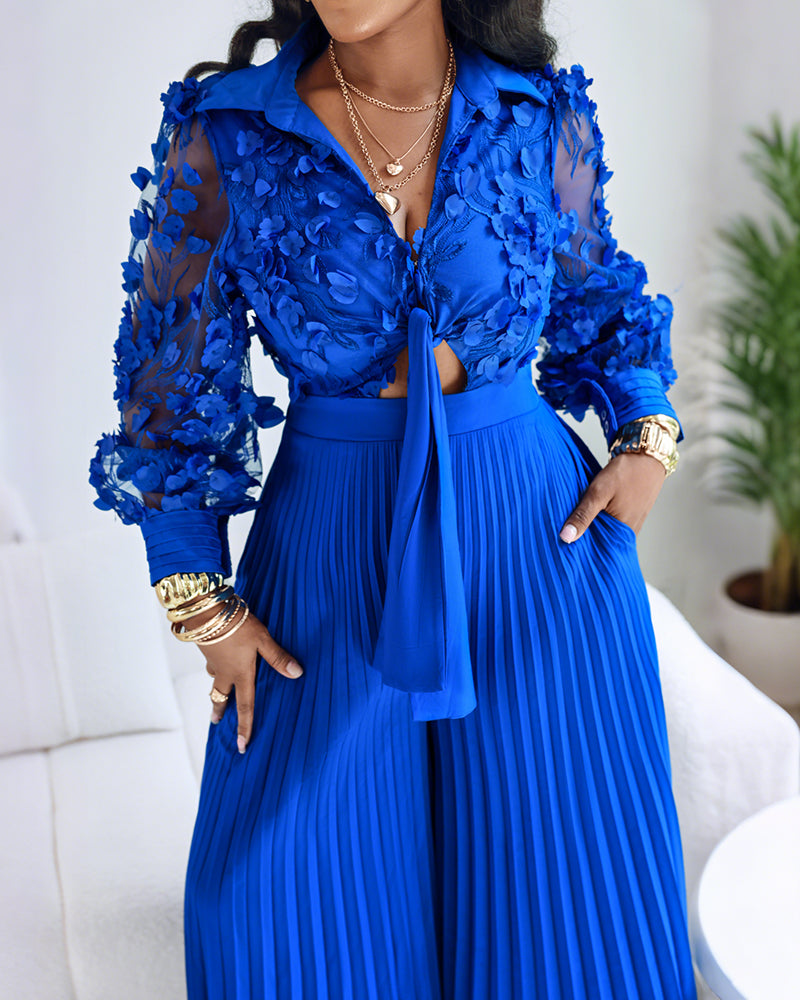Jacquard Sheer Mesh Patch Turn-down Collar Jumpsuit Elegant Waist Tied Detail Pleated Flare Romper
