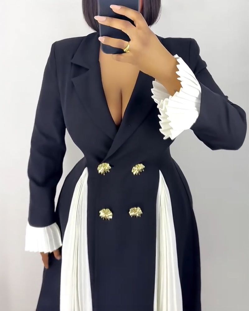 Colorblock Pleated Spliced Notched Collar Pleated Flared Cuff Double Breasted Blazer Dress Elegant Cinched Waist Flared Hem Commuting Dress