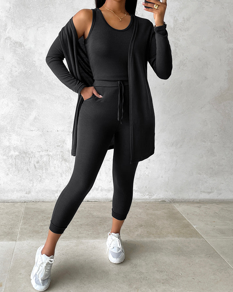 3 Piece Lounge Set Crewneck Sleeveless Tank Top Long Sleeve Open Front Coat Pants Sweatsuit