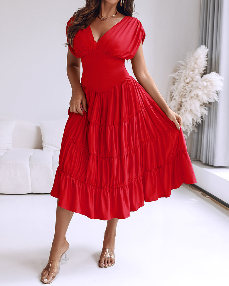 Women's Deep V-Neck Backless High Waist Ruched Ruffle Midi Dress