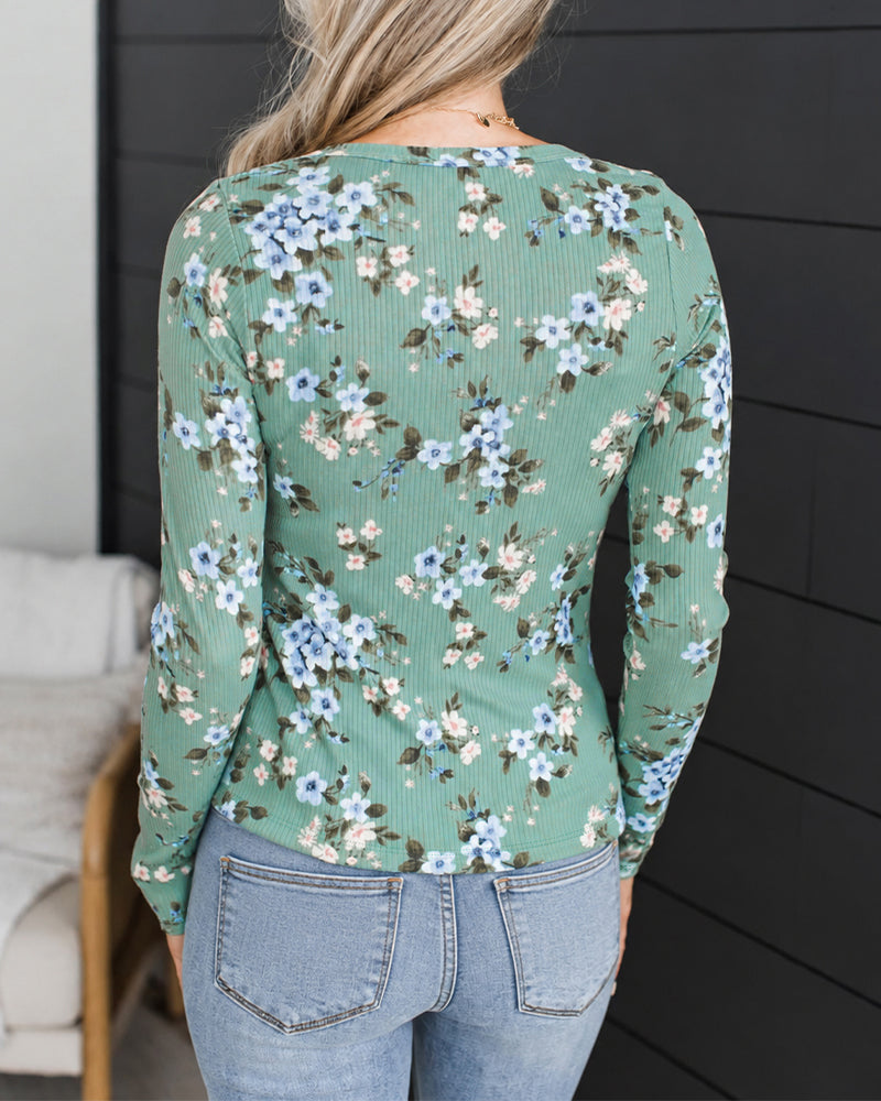 Women's Ditsy Floral Print Henley Neck Long Sleeve Ribbed Top
