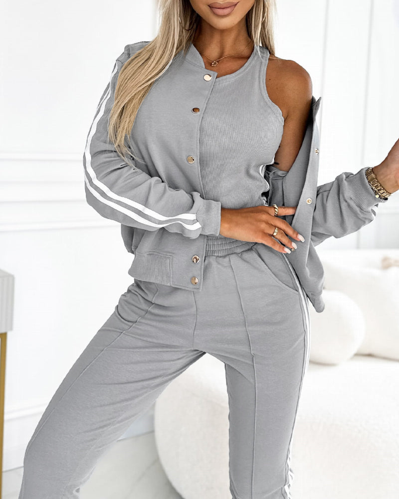 3 Pieces Outfit Snap Buttons Front Coat and Elastic Waist Seam Front Stretchy Cuffs Pants Set with Tank Top Casual Contrast Side Striped Tracksuit