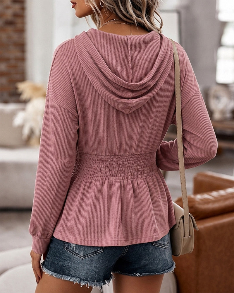 Women's Waffle Knit Drawstring Hooded Button Front Shirred Waist Peplum Top