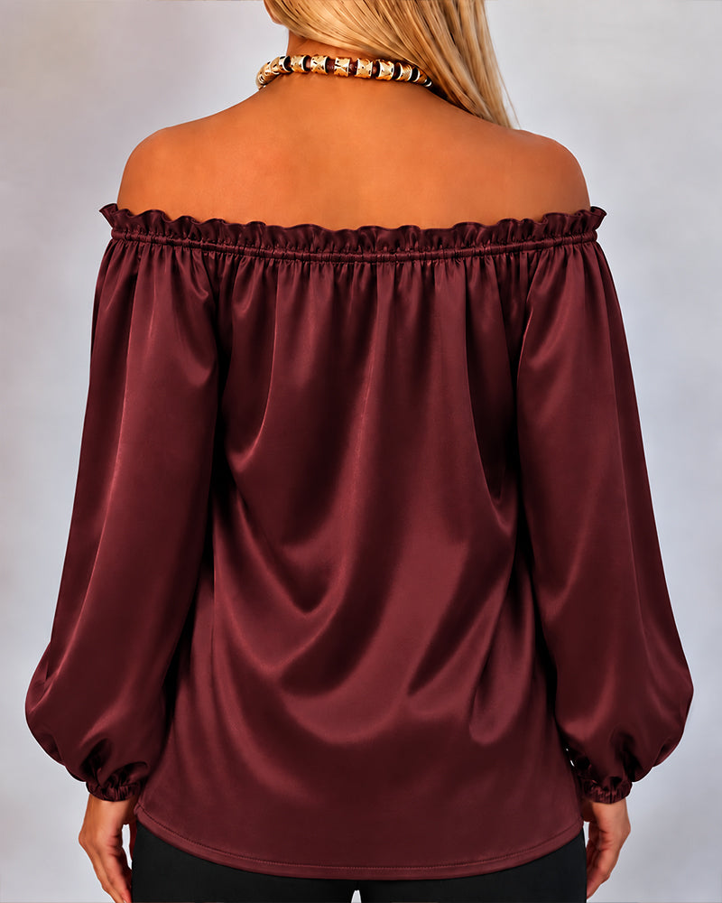 Women's Off Shoulder Satin Frill Trim Tie Front Lantern Sleeve Top