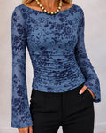 Women's Flocked Floral Boat Neck Sheer Mesh Long Sleeve Top Ruched Pullover