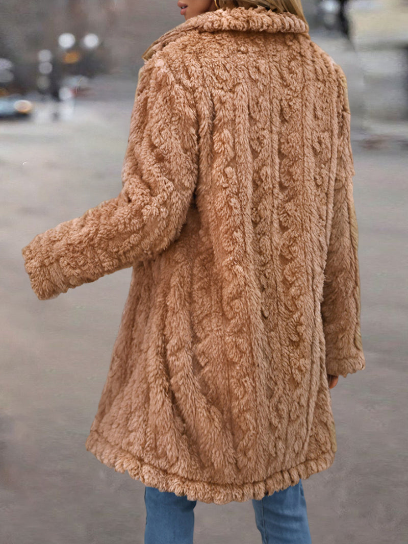 Cable Textured Lapel Neck Button Front Pocket Design Thermal Teddy Coat