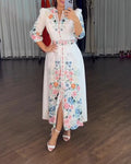 Floral Print V Neck Three Quarters Tied Detail Blouse Dress Casual A Line Slim Fit Maxi Dress