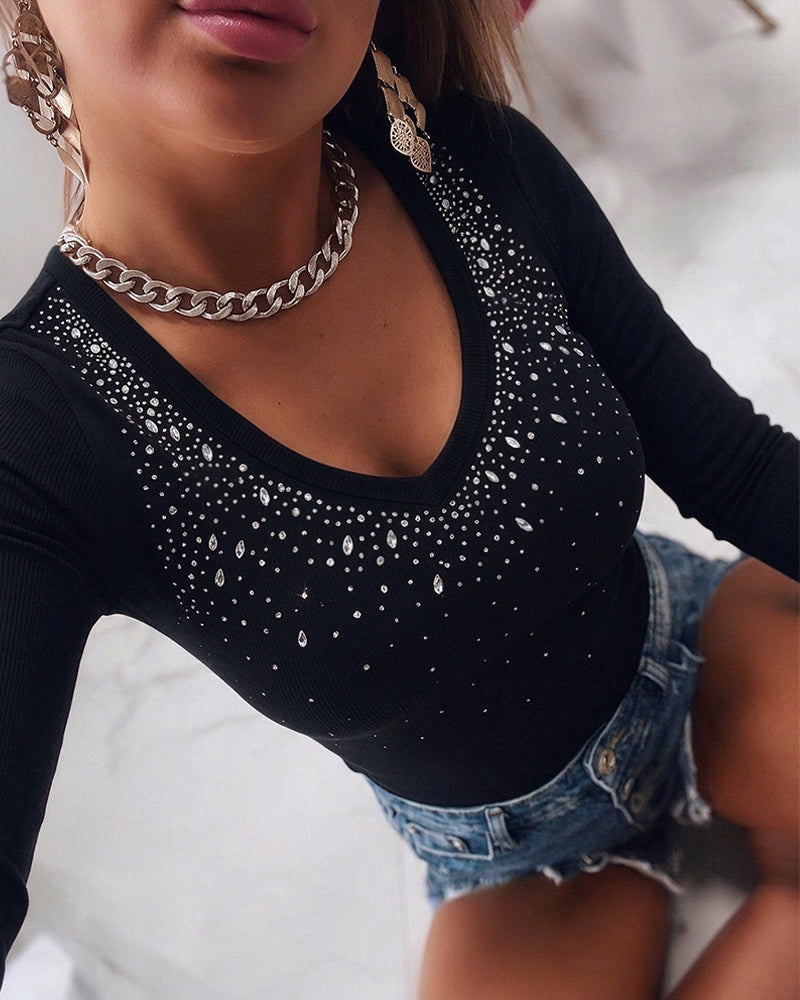 Women's Rhinestone Scoop Neck Long Sleeve Top Slim Fit Ribbed Knit Tee