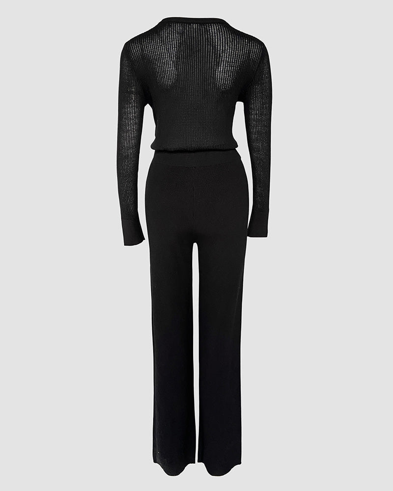 2 Pieces Outfit Round Neck Long Sleeve Semi-Sheer Crop Top and High Waist Elastic Waist Wide Leg Pants Set Casual Minimalist Ribbed Set
