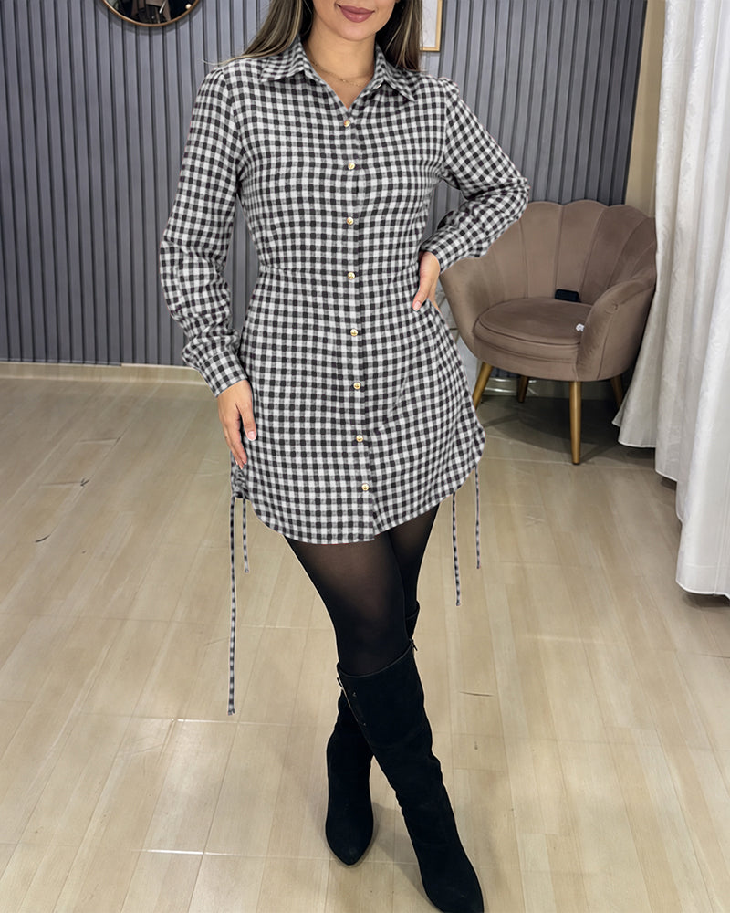 Women's Vintage Plaid Drawstring Long Sleeve Casual Dress Shirred Button Down Shirt Dress